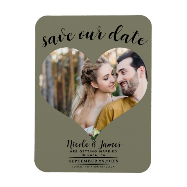 Ímã Coração Verde Oliva Foto Casamento Salve a Data (Vertical)