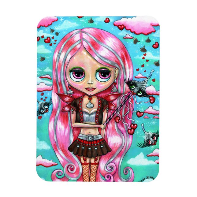Ímã Corações de Cabelo Rosa e Beijos Fadas Grandes Olh (Vertical)