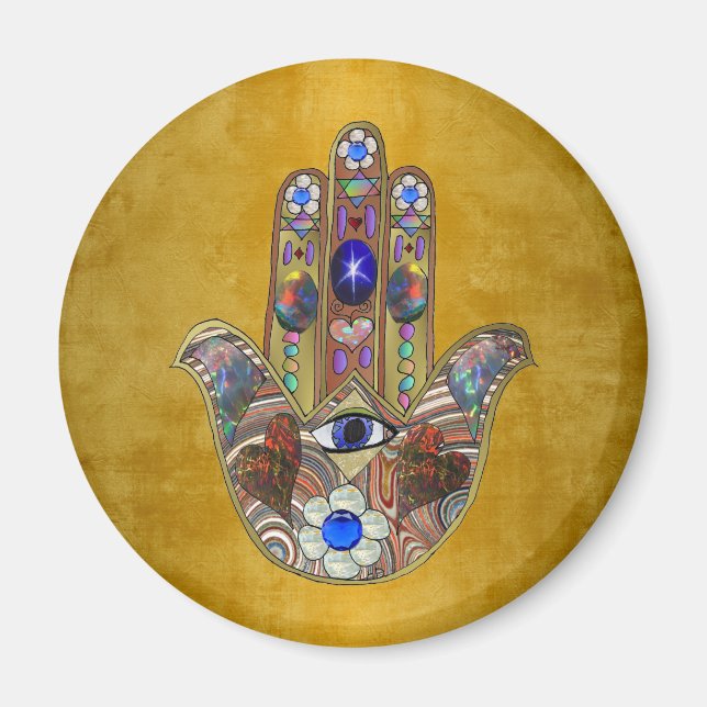 Imã Corações Hamsa Flores Opala Arte em Ouro (Frente)
