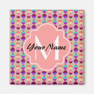 Imã Coral Cupcake Personalized Name, Custom Monogram