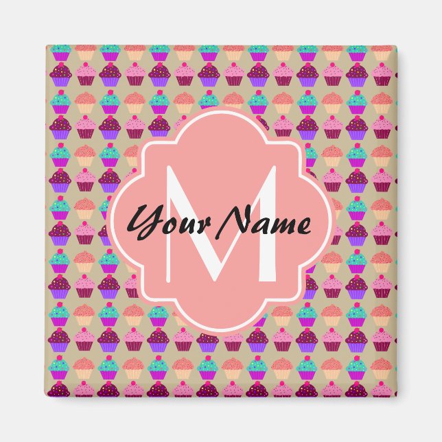 Imã Coral Cupcake Personalized Name, Custom Monogram (Frente)