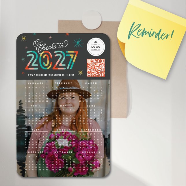 Ímã Cores Alegres para o Calendário de 2023 Foto de An (Starbursts Colorful Cheers to 2027 Calendar New Year Photo + Logo & QR Code Flexible Magnet)