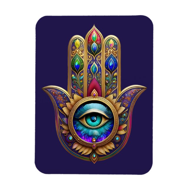 Ímã Cores de Pavão Dourado Hamsa Safira Verde Terceiro (Vertical)