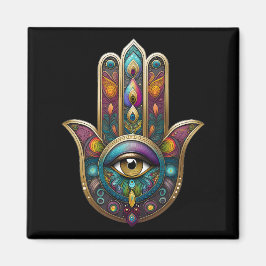 Imã Cores de Pavão Hamsa com Terceiro Olho Dourado