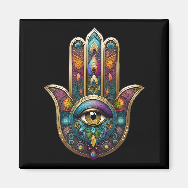 Imã Cores de Pavão Hamsa com Terceiro Olho Dourado (Frente)