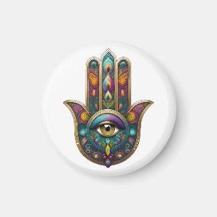 Imã Cores de Pavão Hamsa com Terceiro Olho Dourado