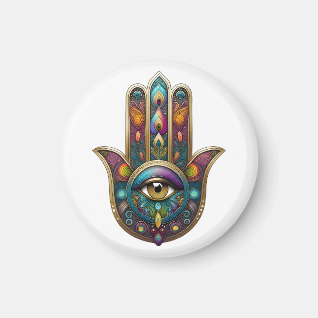 Imã Cores de Pavão Hamsa com Terceiro Olho Dourado (Frente)