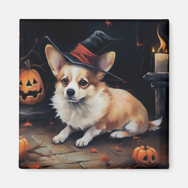 Imã Corgi Abóboras Halloween Assustador (Frente)