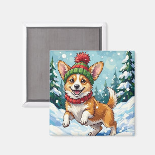 Imã Corgi Alegre Saltando na Neve com Pom Pom