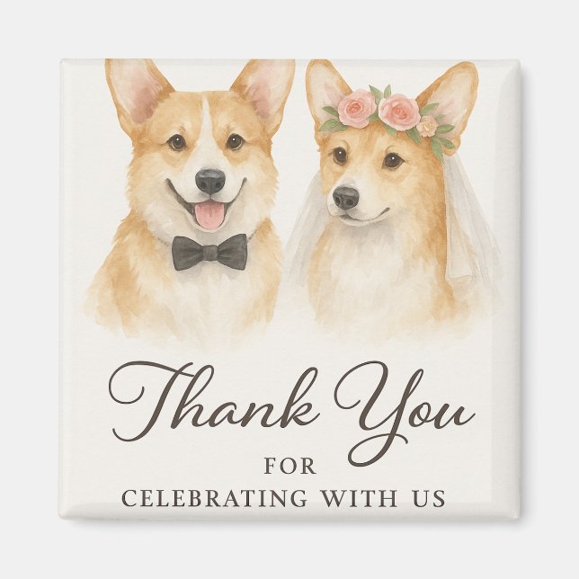 Imã Corgi Aquarela Casamento Obrigada (Frente)