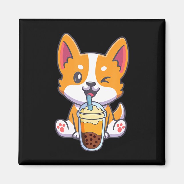 Imã Corgi Bebendo Boba Bubble Tea Drink Anime Kaw (Frente)