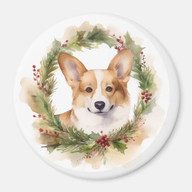 Imã Corgi Christmas Wreath Festivo Pup (Frente)