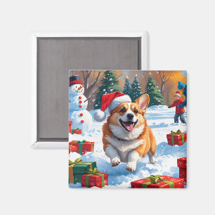 Imã Corgi Correndo na Neve com Chapéu de Natal