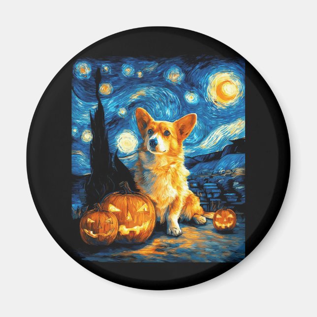 Imã Corgi Dog Lovers Painting of van gogh starry night (Frente)