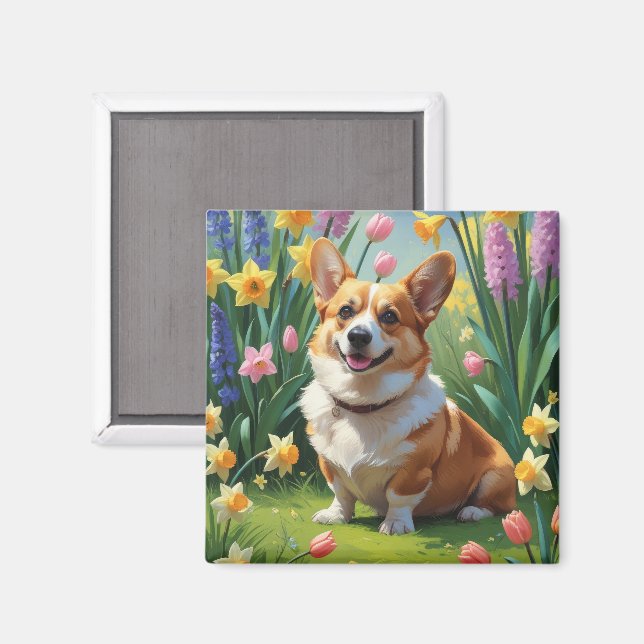 Imã Corgi Dog Spring Flowers Painting (Front/Back)