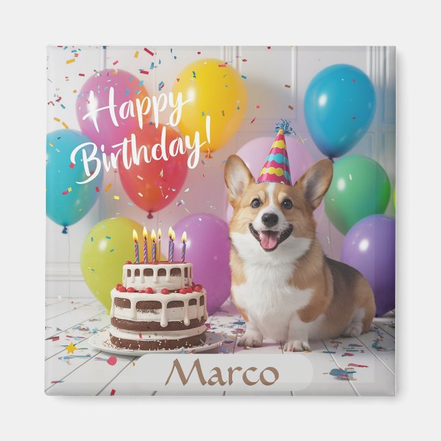Imã Corgi Happy Birthday (Frente)