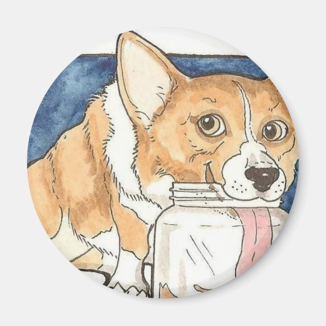 Imã Corgi lambendo o molho da manteiga de amendoim (Frente)