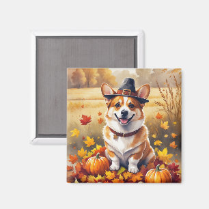 Imã Corgi nas Folhas de Outono Arte do Dia de Ação de