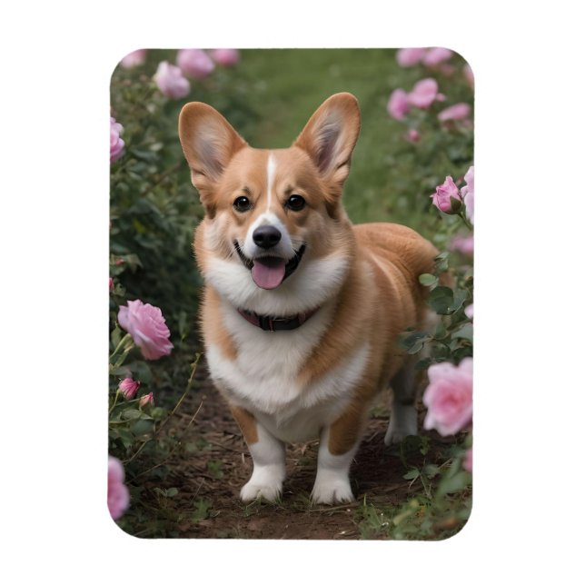 Ímã Corgi Nas Rosas Rosa, (Vertical)