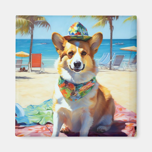 Imã Corgi on Beach, presente de verão para amantes de  (Frente)
