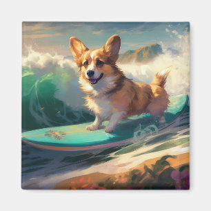 Imã Corgi  Pintura de Surf na Praia