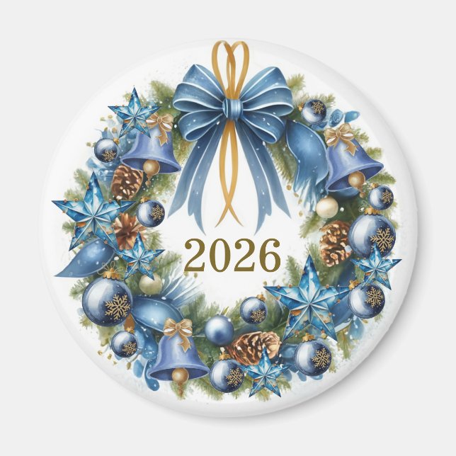 Imã Coroa de Natal Azul e Dourada Personalizável (Frente)