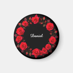 Imã Coroa Floral de Rosa Vermelha em Fundo Preto