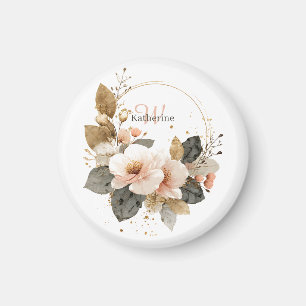 Imã Coroa Floral Rosa e Dourada Elegante, Nome Persona