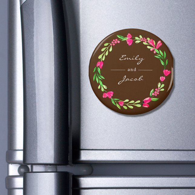 Imã Coroa floral rosa elegante com nome do casal (Criador carregado)