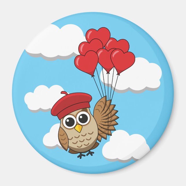 Imã Coruja-Bonita Voando com Balões de Coração (Frente)