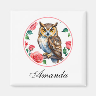 Imã Coruja de Aquarela Decorativa com Rosas