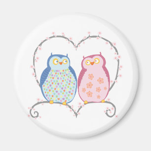 Imã Corujas bonitos no azul Clipart do rosa do coraç