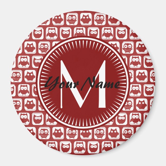 Imã Corujas Vermelhas Monogramadas, Nome Personalizado (Frente)