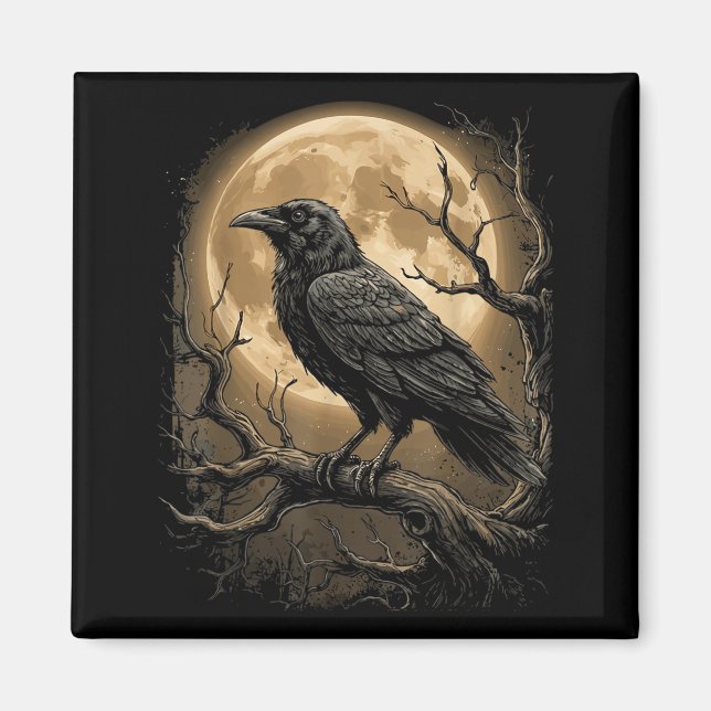 Imã Corvo Preto Gótico Lua Corvo Floresta Escura Pássa (Frente)