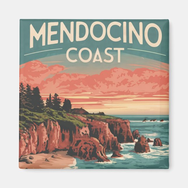 Imã Costa Mendocino, California Retro Watercolor (Frente)