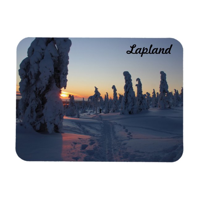 Ímã Couché de soleil sur la forêt enneigée en Laponie (Horizontal)