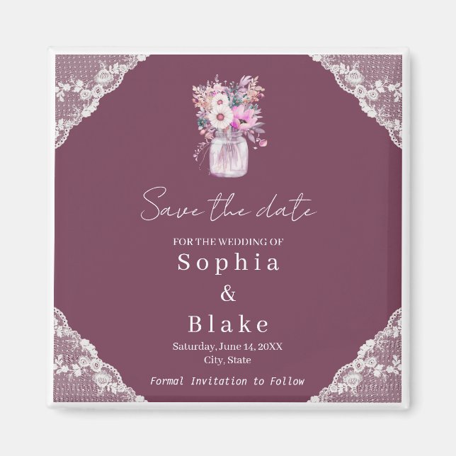 Imã Country Lace Mason Jar Burgundy Guarde a Data (Frente)