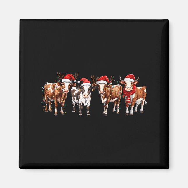 Imã Cow Reindeer Santa Hat Christmas Light Funny Cows  (Frente)