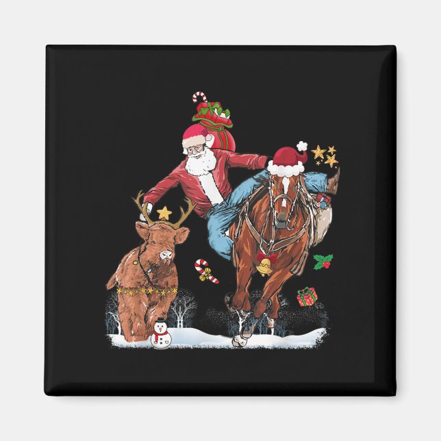 Imã Cowboy Santa Bulldogging Western Cowboy Xmas Funny (Frente)