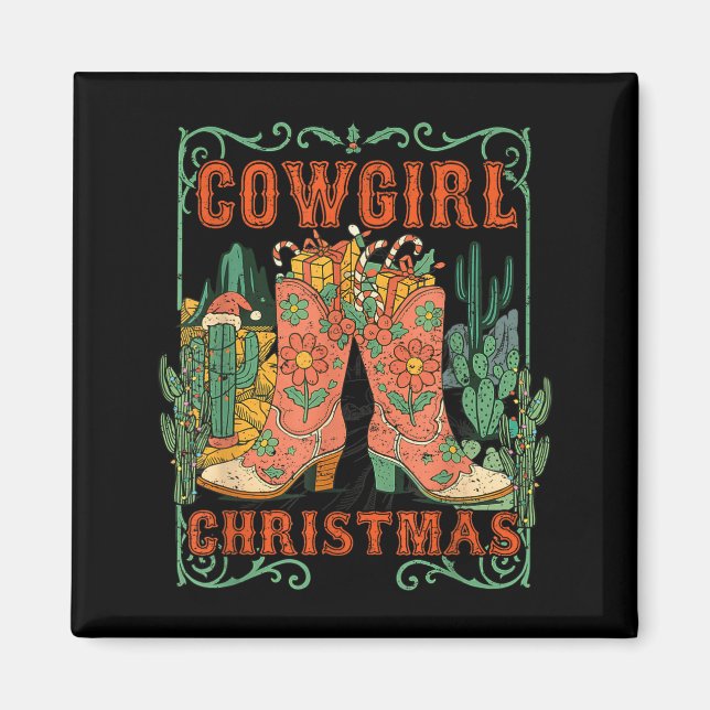 Imã Cowgirl Christmas Boots Cactus Retro Western Holid (Frente)