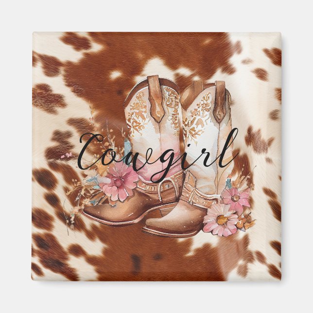 Imã Cowgirl Pink Cream Brown Cowhide Floral Boots (Frente)