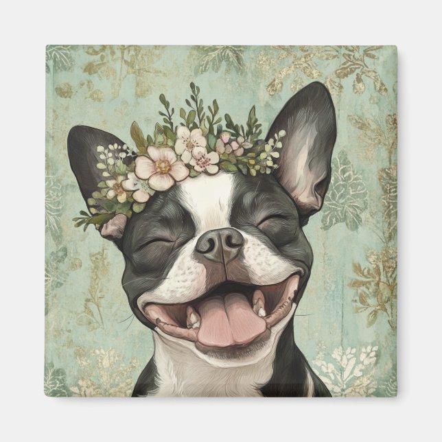 Imã Cozinha Floral Verde de Boston Terrier (Frente)