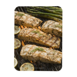 Ímã Cozinhar dos peixes e do aspargo na grade
