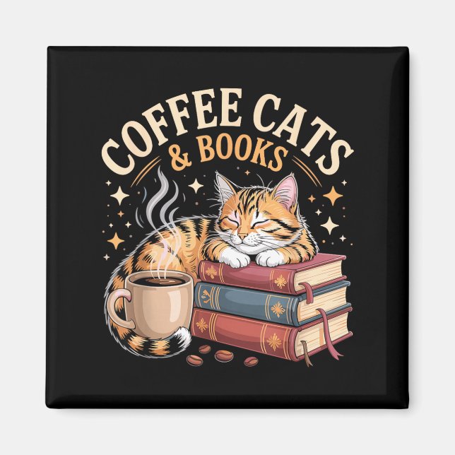 Imã Cozy Reading Cat Coffee And Books Lover Artwork  (Frente)