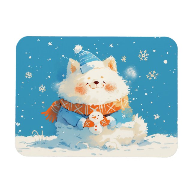 Ímã Cozy Samoyed Dog with Mini Snowman (Horizontal)