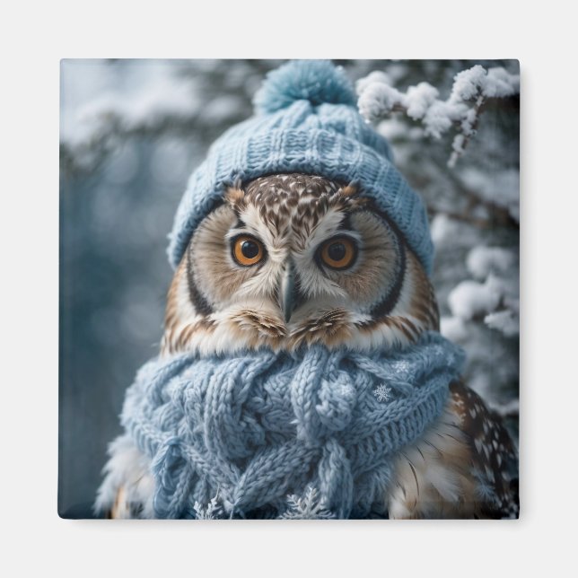 Imã Cozy Whimsical Winter Wonderland Owl (Frente)