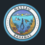 Imã Crachá Nassau Bahamas Scuba<br><div class="desc">Design de arte vetorial de Nassau. Uma estação de cruzeiro popular, a cidade tem uma paisagem montada em colinas e é conhecida por praias, assim como seus recifes de corais no exterior, populares por mergulho e snorkeling.</div>