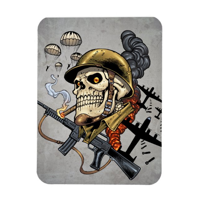 Ímã Crânio com capacete, aviões e bombas (Vertical)