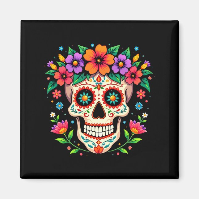 Imã Crânio de Açúcar do Dia dos Mortos com Flores Masc (Frente)