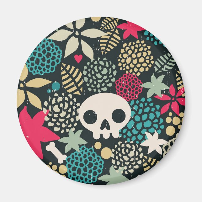 Imã Crânio de açúcar, monstro engraçado, padrão floral (Frente)